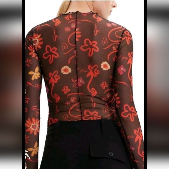 Desigual Womens Tulle Ruched Floral Artistic Long Sleeve Colorful Bodysuit L - Picture 4 of 15